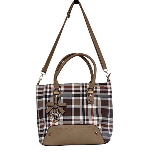 Kate Hill Brown Plaid Crossbody Shoulder Convertible Adjustable Handbag Purse - Picture 1 of 10
